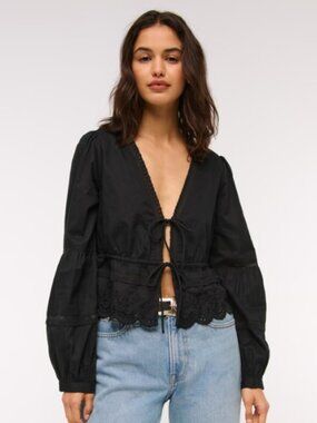 Abercrombie Long Sleeve Lace Tie-Front Top - Size Small